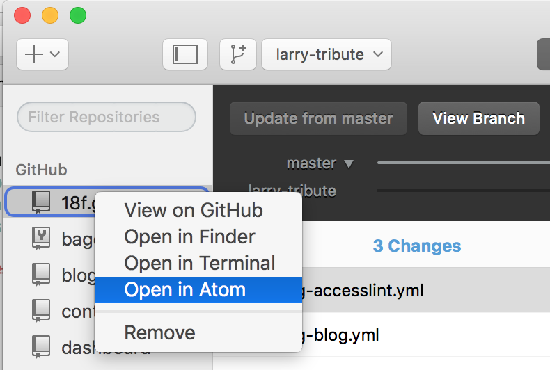 The open in Atom dialog in GitHub Desktop