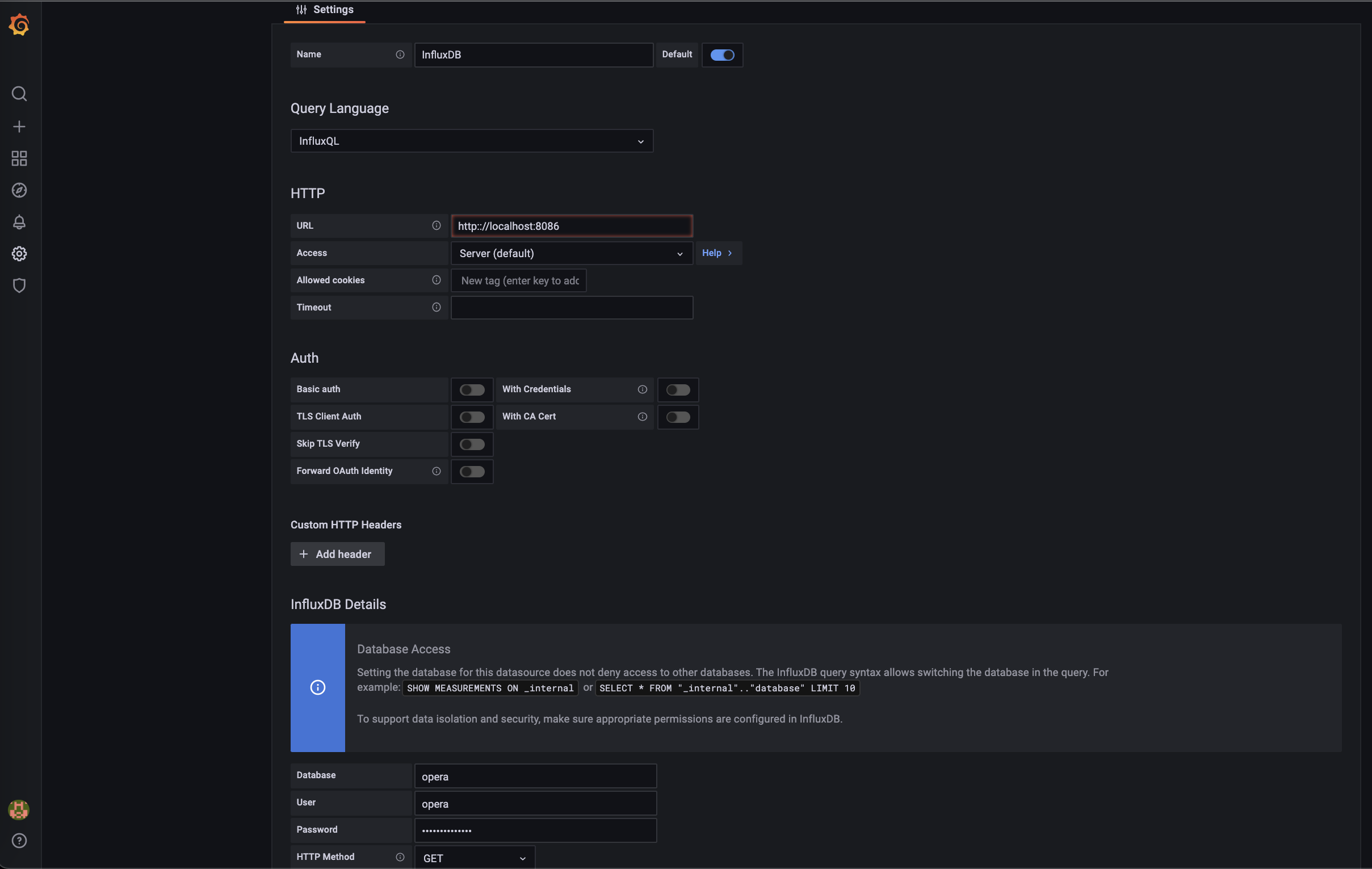 Grafana InfluxDB Settings