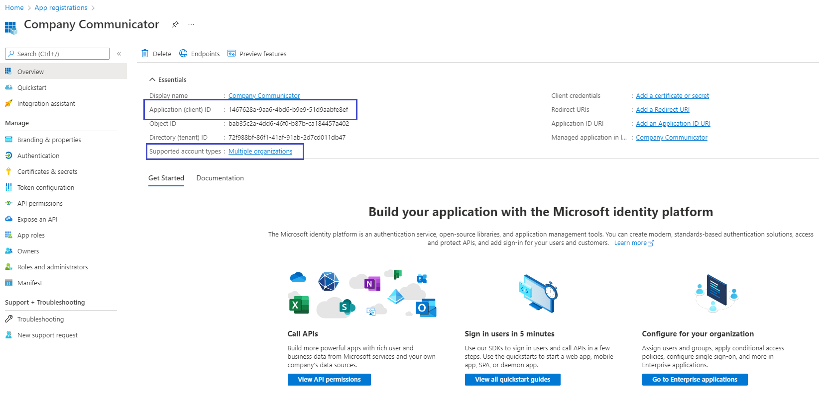 Azure AD app overview page