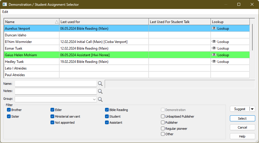 Demo / Student assignment Selector window