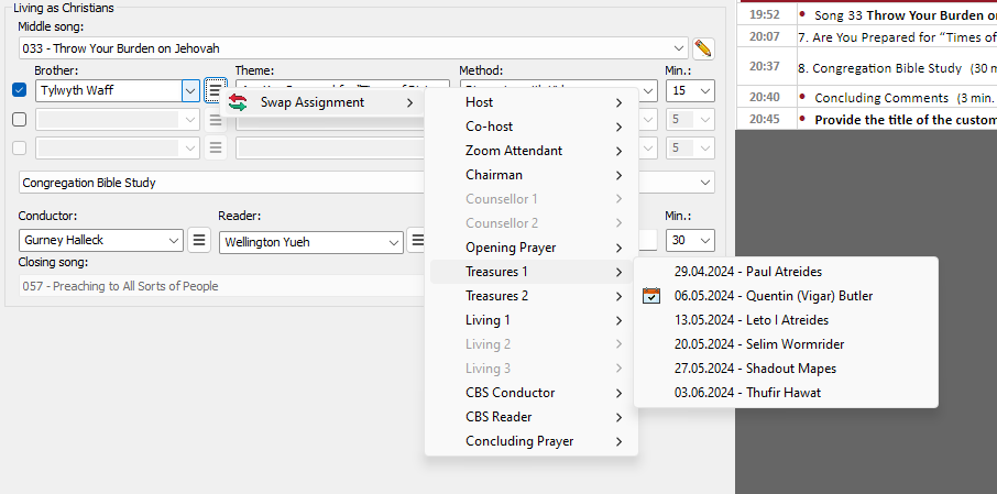 Swap Assignments Menu